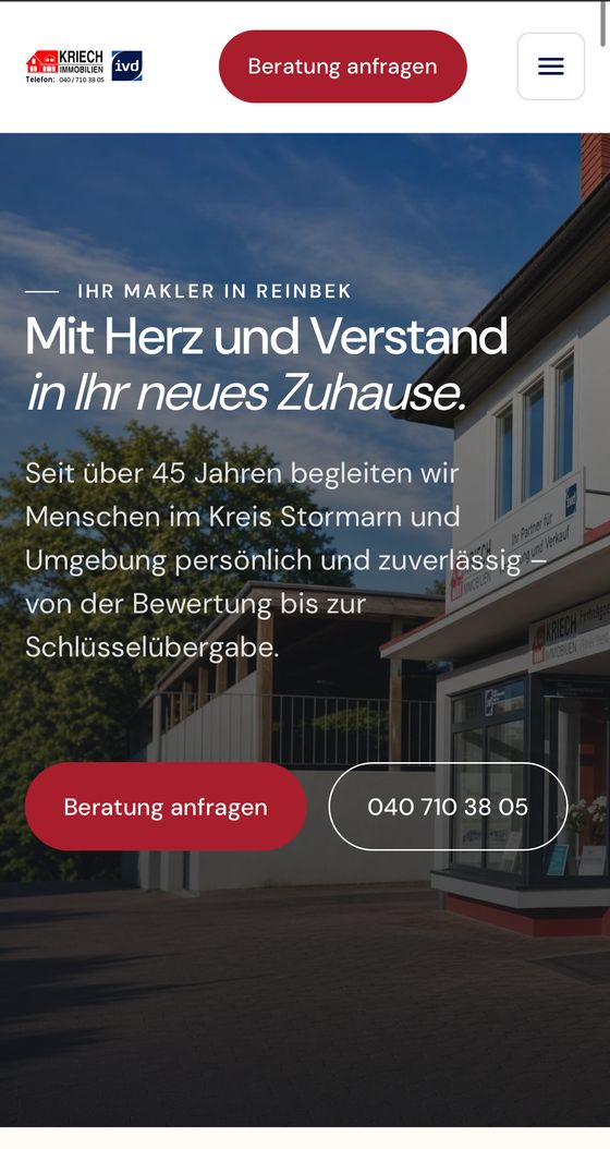 Screenshot der Website von Kriech Immobilien – Mobilansicht