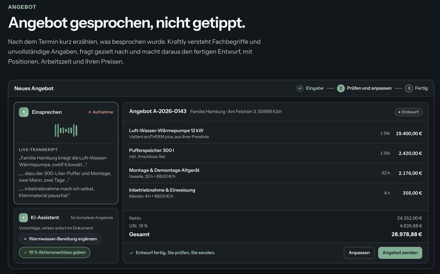Kraftly-App: Angebot gesprochen, nicht getippt – Live-Transkript, KI-Assistent und Angebotsentwurf mit Positionen